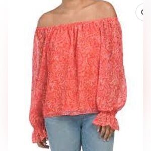 Ramy Brook Sicily Blouse Women’s Medium Coral Floral Paisley Off Shoulder $345